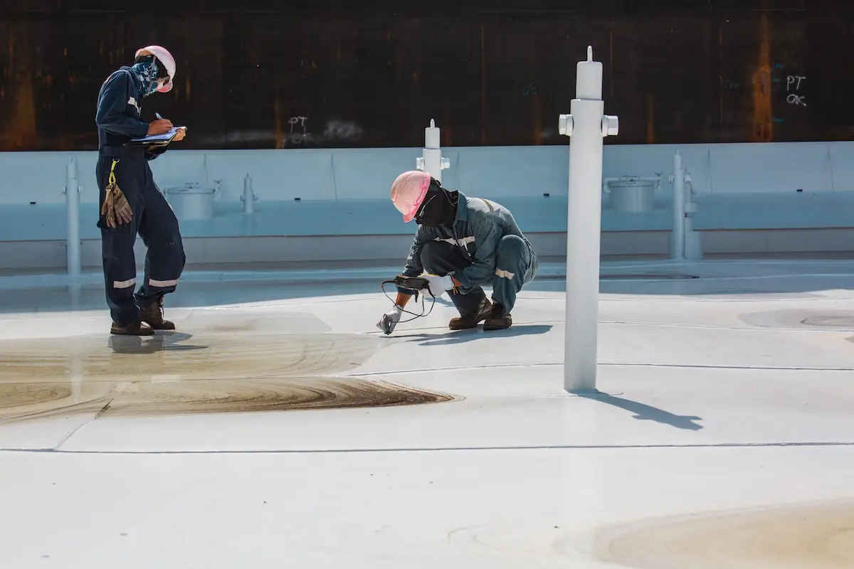 Two workers in protective gear and pink helmets conduct a commercial roof inspection of a large industrial tank, one kneeling to examine the floor while the other stands nearby, taking detailed notes.
