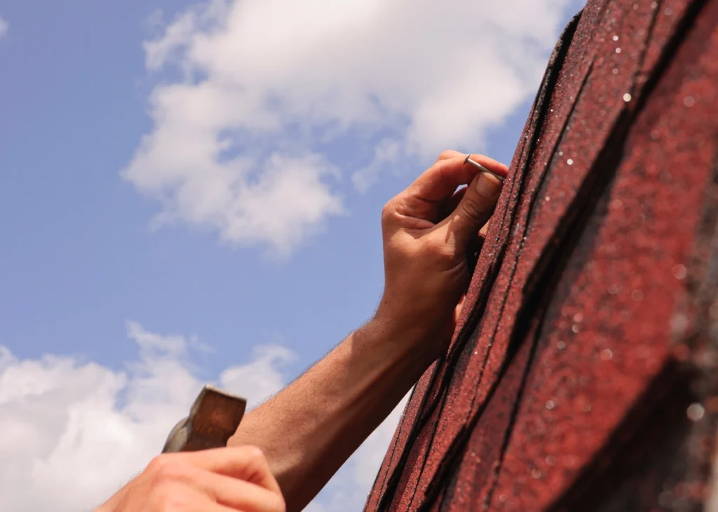 nailing new shingles on roof