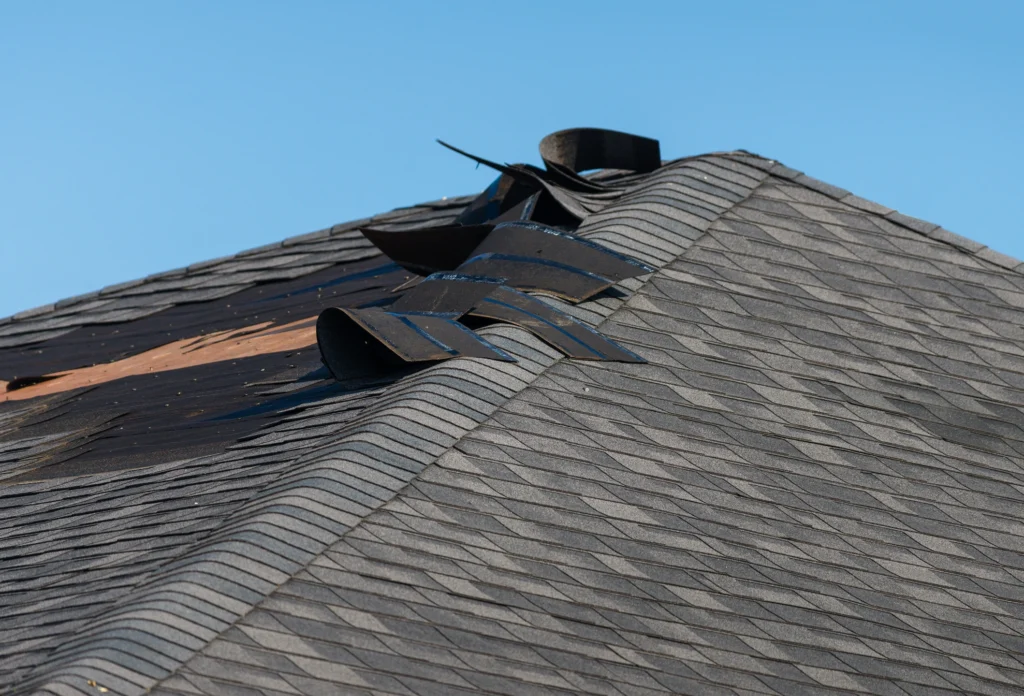 A close-up view of a house roof reveals common roofing problems, with several shingles curled and damaged, possibly due to strong winds or weather conditions. The background is a clear blue sky.