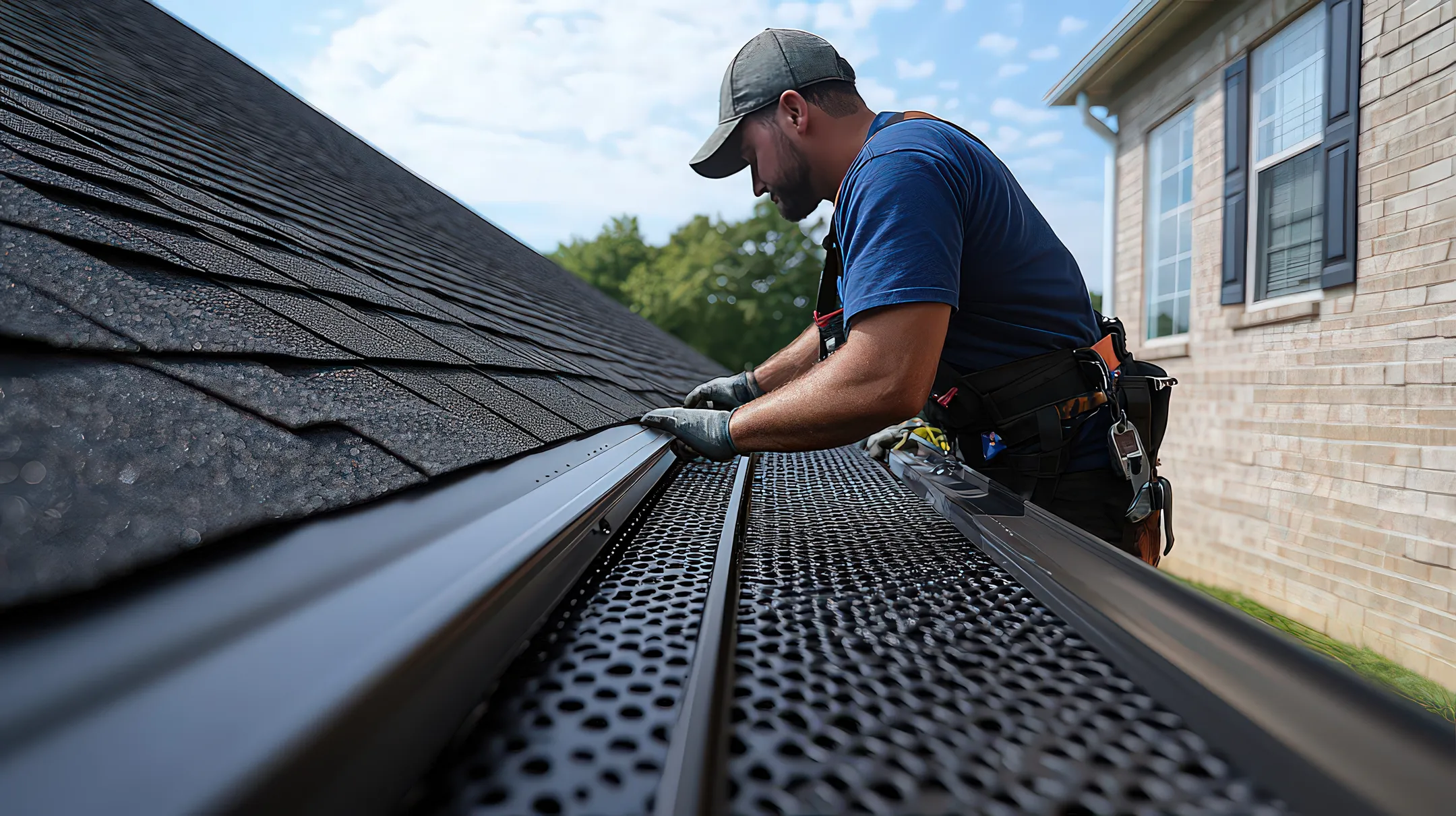 A man in work attire installs a gutter guard on a shingled roof of a brick house. He's equipped with gloves and a tool belt, working under a clear blue sky. The scene highlights home improvement and maintenance activities.