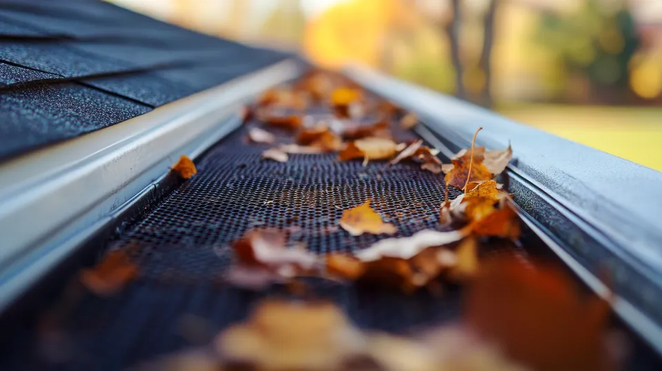 Close-up of a gutter with a mesh guard covered in scattered autumn leaves. The nearby shingles and blurred background suggest a residential roof. The leaves are brown and orange, indicating fall season.