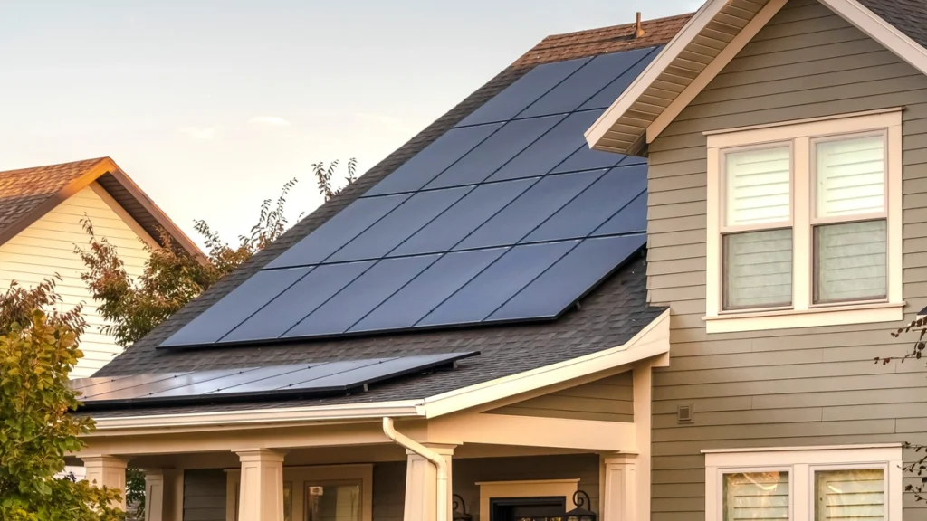 A two-story house with gray siding features dark solar panels on its roof, efficiently capturing sunlight. These panels, which can last decades with proper care, complement the large windows beautifully. Trees with autumn foliage surround it under a clear sky.