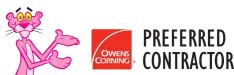Cartoon pink panther character gesturing towards the Owens Corning logo with text "Preferred Contractor" beside it. The logo is red with a white arch. The background is white.