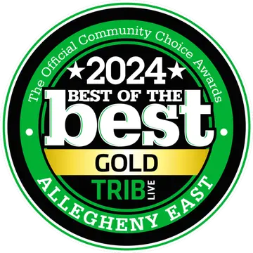 A circular emblem with a green border reads: "The Official Community Choice Awards." Central text states "2024 Best of the Best Gold" with "Trib Live" beneath. Bottom text in the border says "Allegheny East.