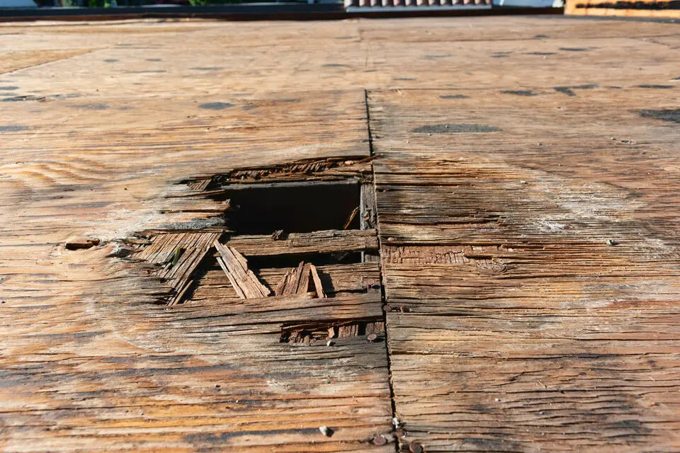 roof decking-damaged sheathing on a house roof