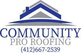 Logo of Community Pro Roofing with a stylized blue and gray roof graphic above the company name. The phone number (412) 667-2539 is displayed at the bottom.