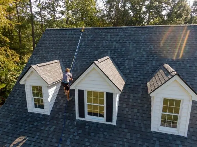 A person cleans a steep, gray-shingled house roof using a long-handled tool on a sunny day, surrounded by trees.