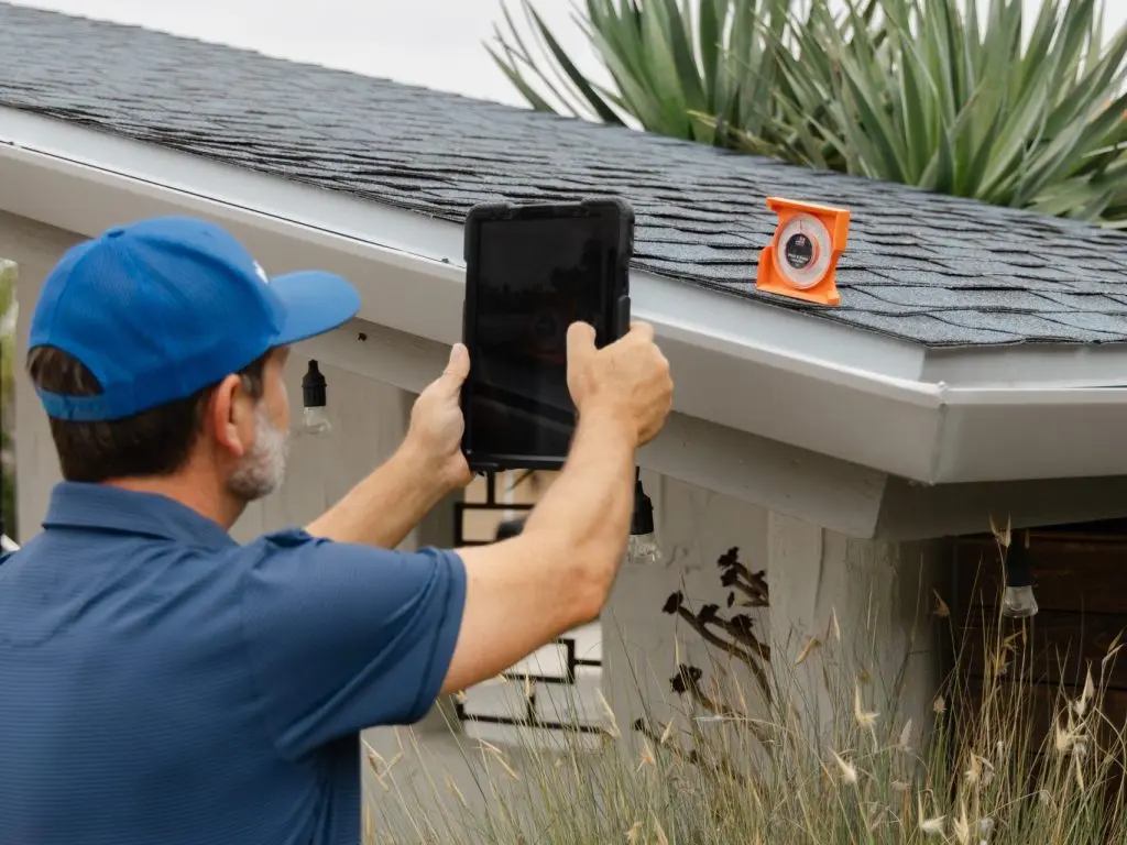 A man in a blue shirt and cap uses a tablet to take a photo of a house roof, where an orange measuring device is placed near the edge of the shingles.
