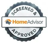 Badge with a circular design featuring a house icon. Text reads "Screened & Approved" around the top and bottom of the circle and "HomeAdvisor" with an orange house symbol in the center.