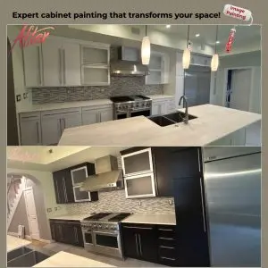 Expert cabinet painting transforming kitchen from dark to bright and modern.