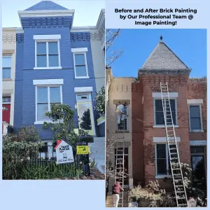 Before and after brick painting of a blue house by professional team.