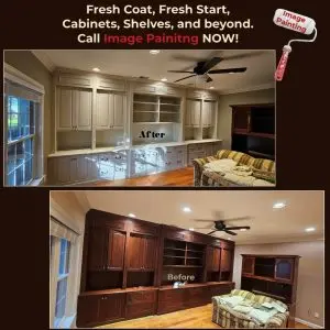 Before and after cabinet painting in a living room, showcasing a stylish upgrade.