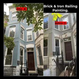 Before and after of house painting showing brick and iron railing transformation.