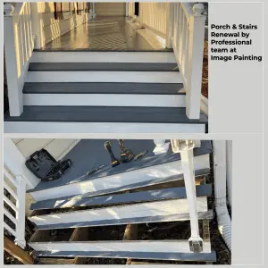 Porch and stairs renovation showing fresh paint and new construction details.