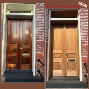 Comparison of a wooden entry door before and after painting, showcasing transformation.
