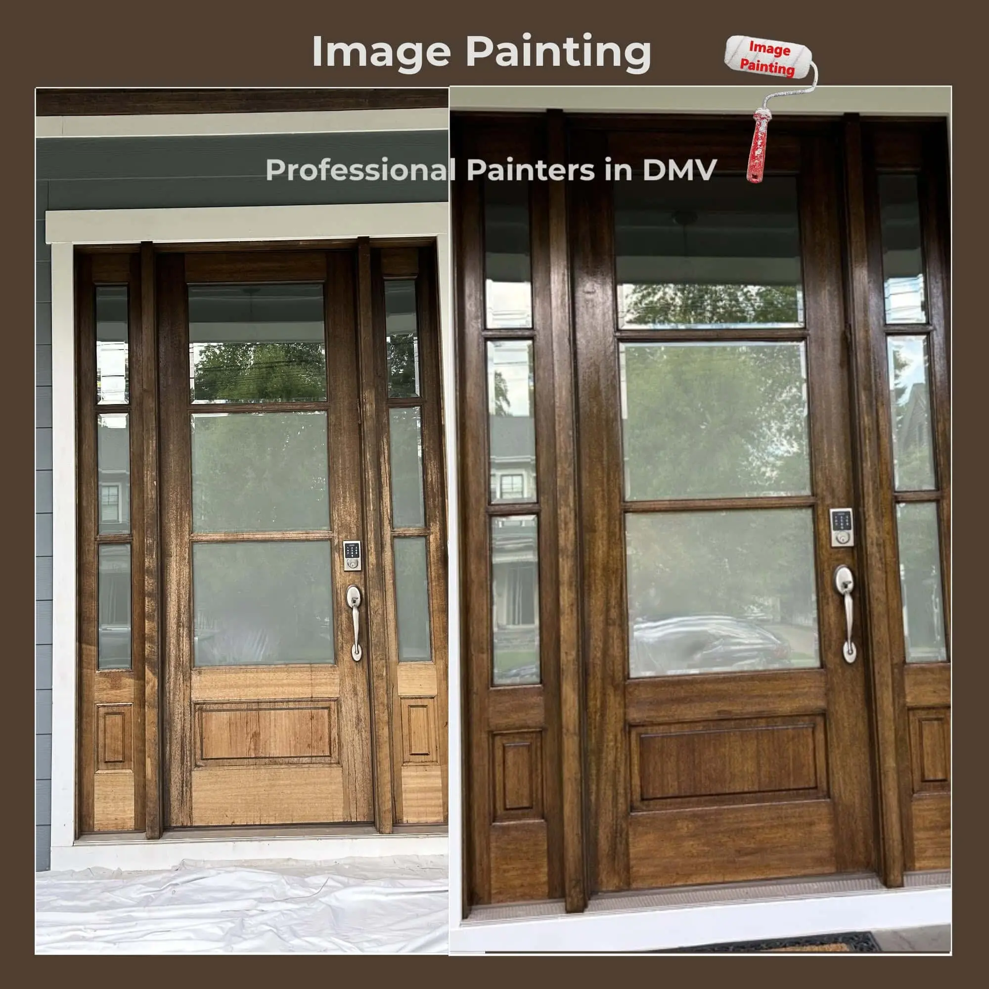 Wood front door stained and refinished - before and after
