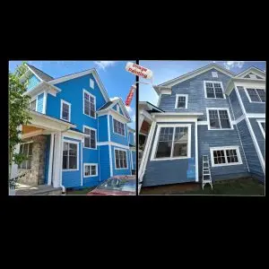 House exterior painted in vibrant blue, showcasing transformation and professional painting work.