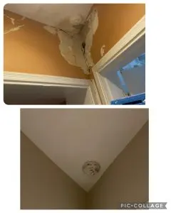 Damaged wall and ceiling with cracks needing repair and repainting.