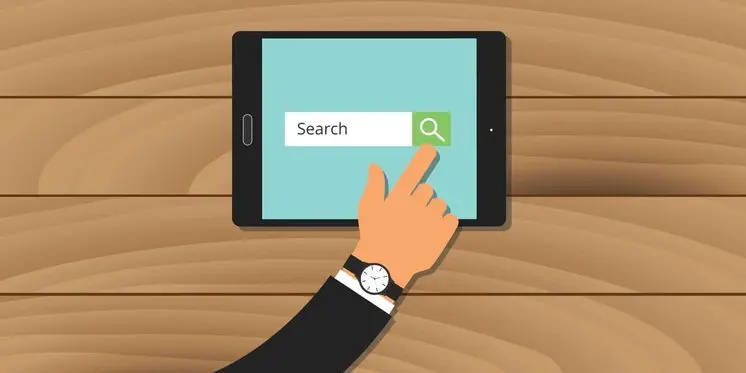 search engine analytics web tablet hand searching vector Google My Business optimization concept
