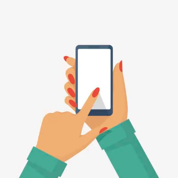 Phone in female hand. Smartphone vector illustration flat style. Isolated on white background. Touching finger blank screen. Template for design. Mobile gadget holding in woman's arm. Mobile friendly concept