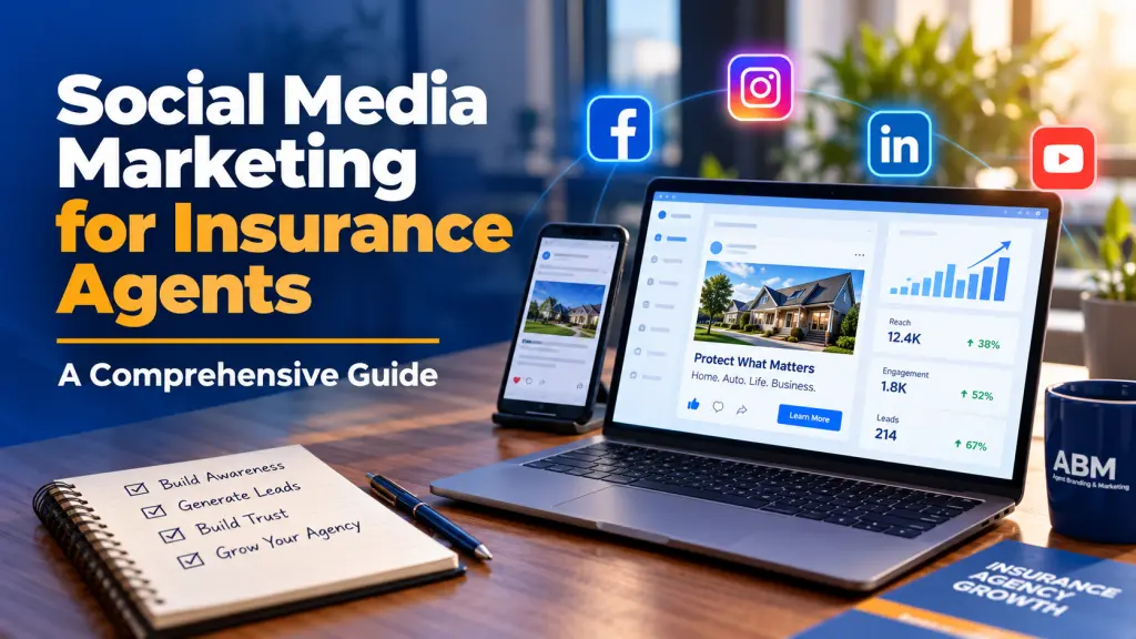 Social media marketing for insurance agents featuring Facebook, Instagram, LinkedIn, and YouTube icons alongside an insurance agency marketing dashboard displaying engagement and growth analytics.