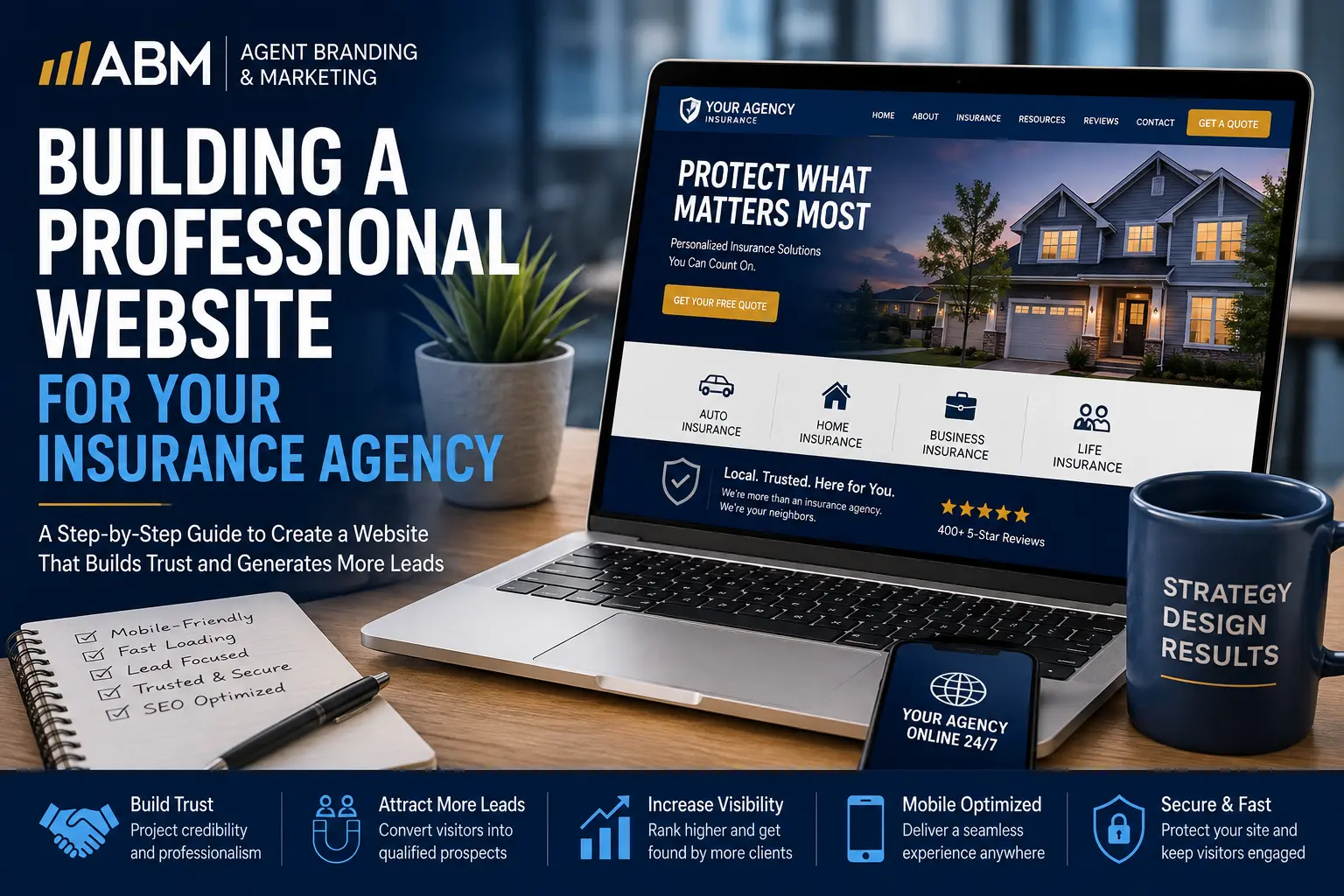 Professional insurance agency website displayed on a laptop, illustrating mobile-friendly design, SEO, trust-building elements, and lead generation.
