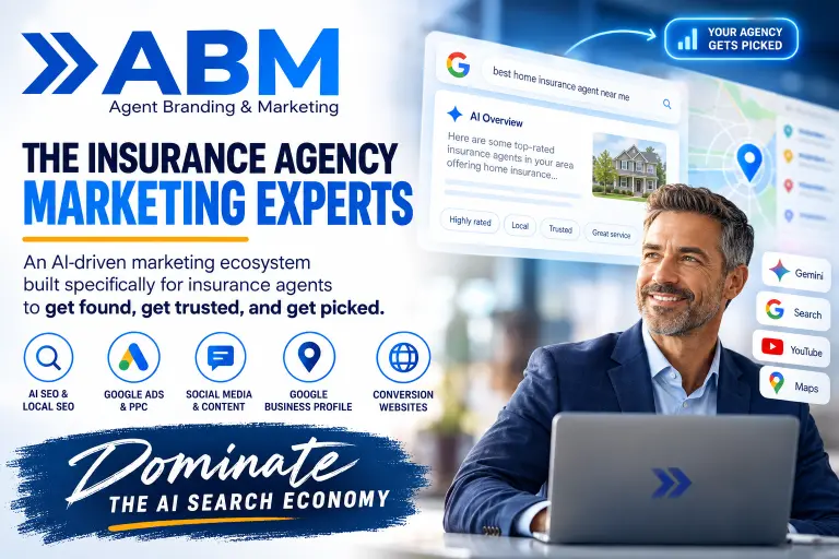 Marketing hero for ABM: man in a suit with a laptop on the right, bold headline 'The Insurance Agency Marketing Experts' and service icons laid out across the bottom left.