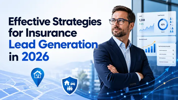 Businessman in a navy suit stands beside blue analytics dashboards about insurance lead generation for 2026.