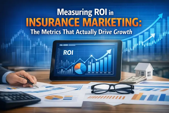 Wide banner image showing insurance marketing ROI analytics on a tablet screen with charts, financial reports, a calculator, glasses, and a small house model, with the article title overlaid: Measuring ROI in Insurance Marketing: The Metrics That Actually Drive Growth.
