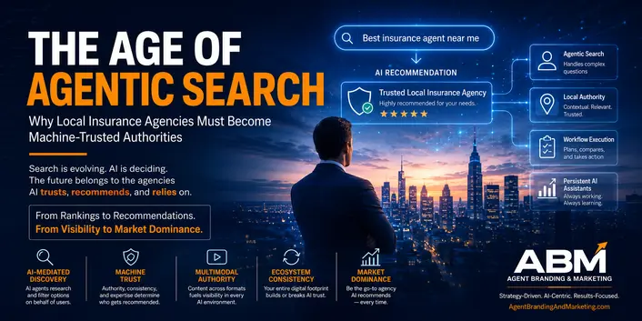 AI-driven city banner promoting agentic search for local insurance agencies. Large title and skyline with futuristic icons.