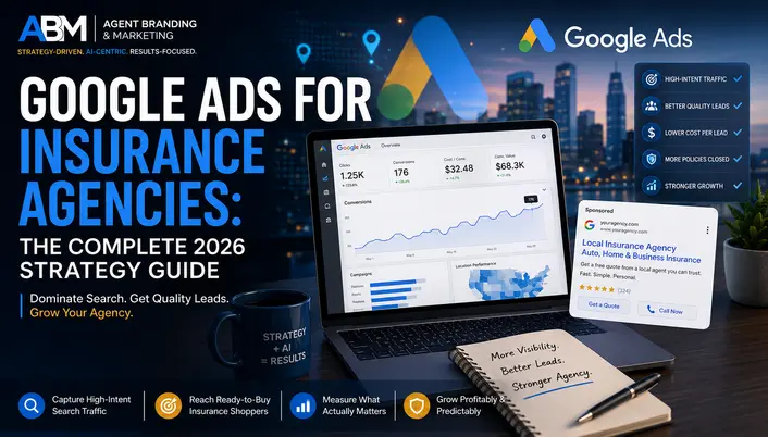 Google Ads for insurance agencies strategy guide featuring an AI-powered PPC dashboard, local lead generation ad preview, and growth metrics for visibility, lead quality, and agency growth.