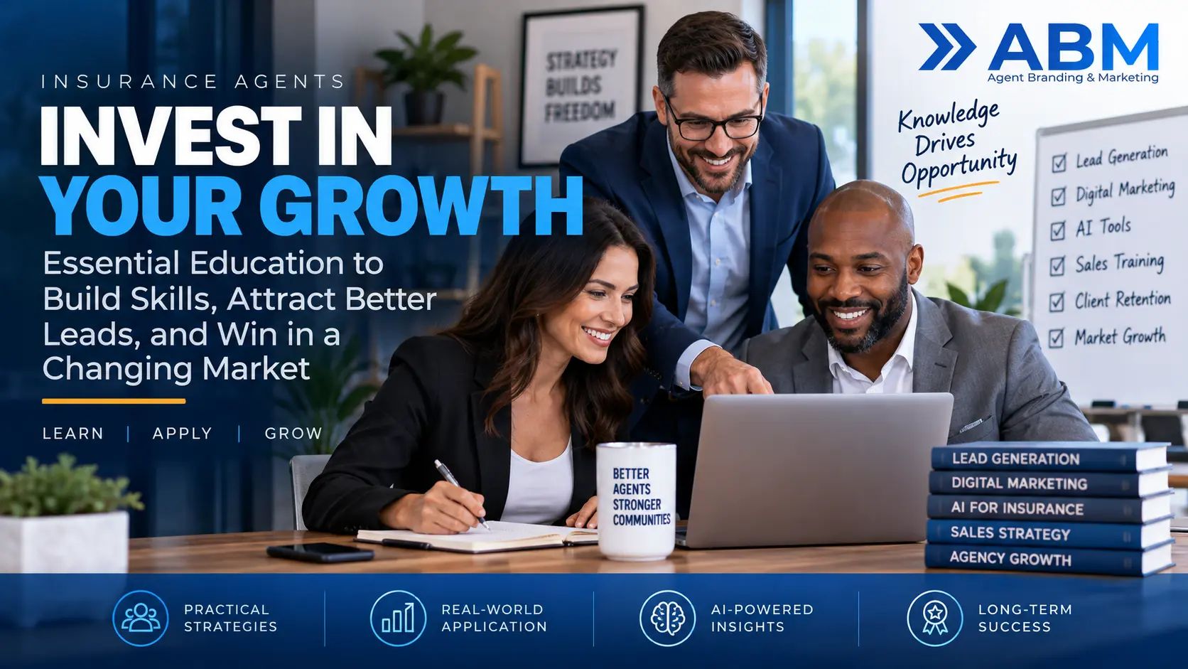 Insurance agents collaborating on digital marketing, AI tools, lead generation, sales training, and agency growth strategies.