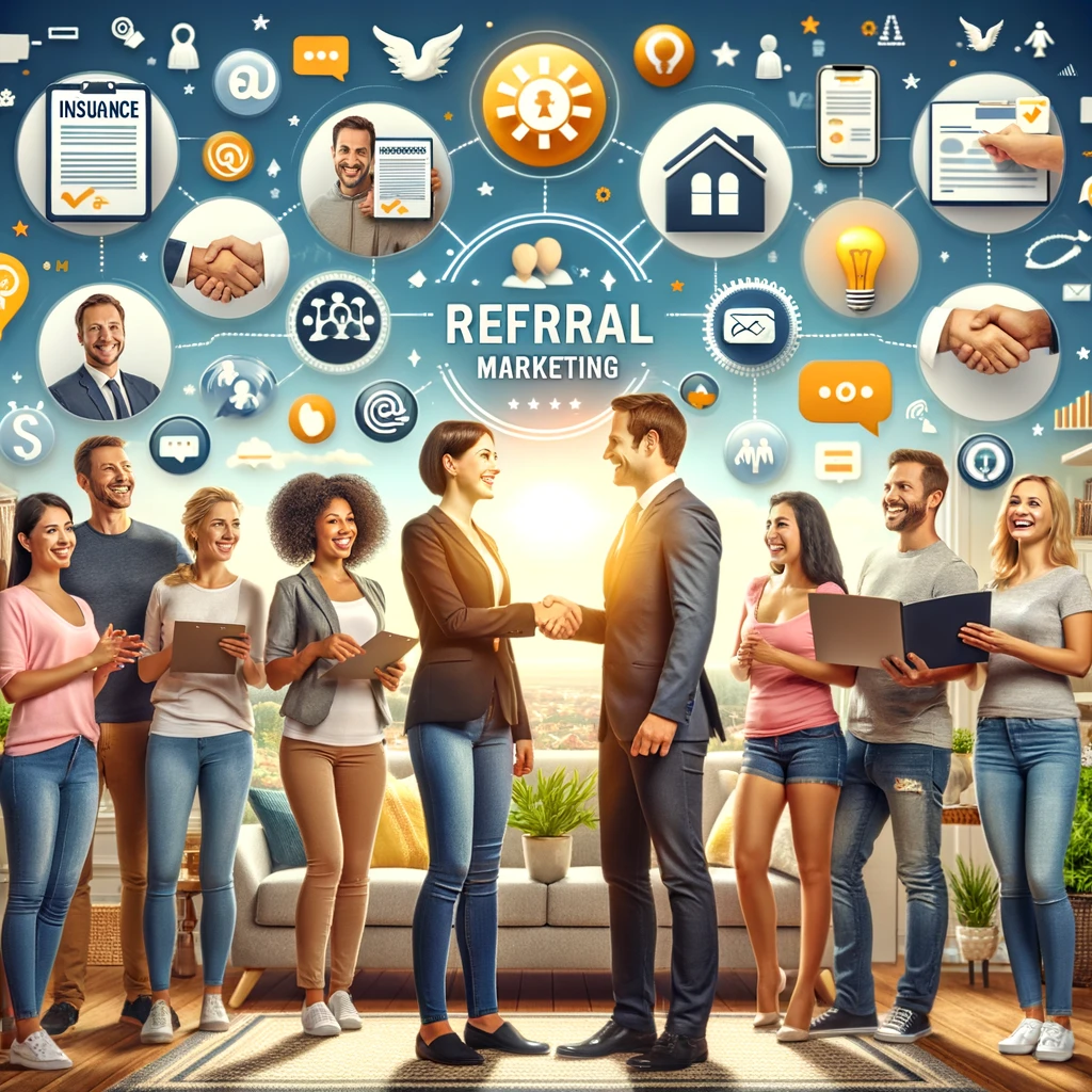 concept of referral marketing in the insurance industry, showcasing a diverse group of happy clients