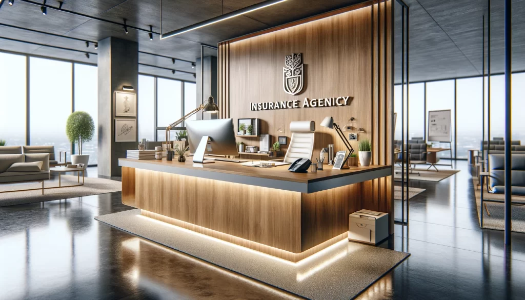 Transform the traditional insurance agency office into a contemporary setting. Design a modern, sleek office space that embodies the latest trends