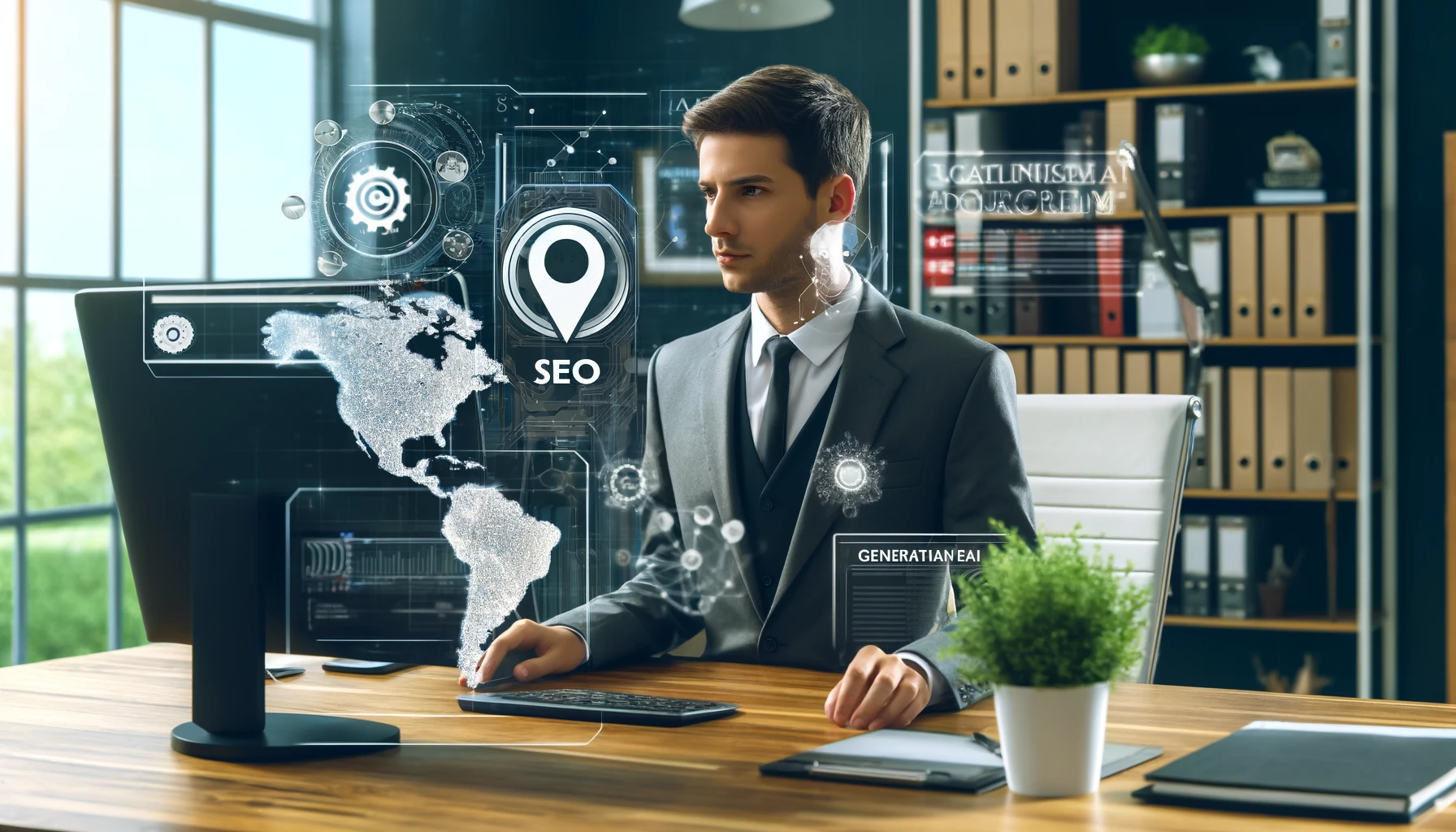 A modern insurance office with a local map and search icons overlaid, symbolizing SEO and generative AI integration. In the office