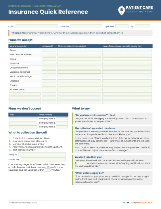 Insurance Quick Reference from the Front Desk Training Course