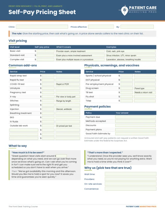 Self Pay Pricing Sheet from the Front Desk Training Course