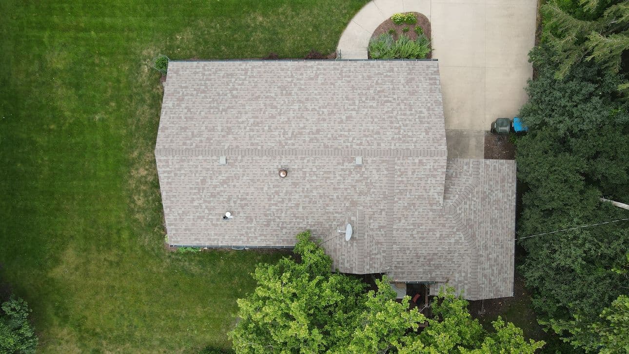 aerial view of light asphalt shingle roofing