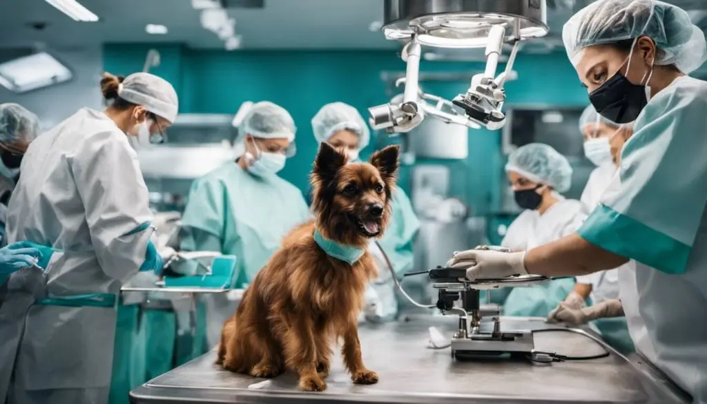 A calm brown dog sits on a stainless steel table surrounded by a gowned veterinary surgical team under exam lights.
