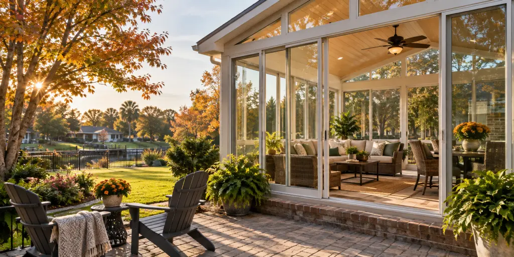 Beautiful sunroom addition with expansive windows overlooking a lush South Louisiana landscape, ideal for extending
