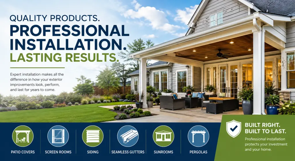 Hero image advertising exterior home improvements: a house with a covered patio and large blue-green typography on the left, showing six service icons at bottom.