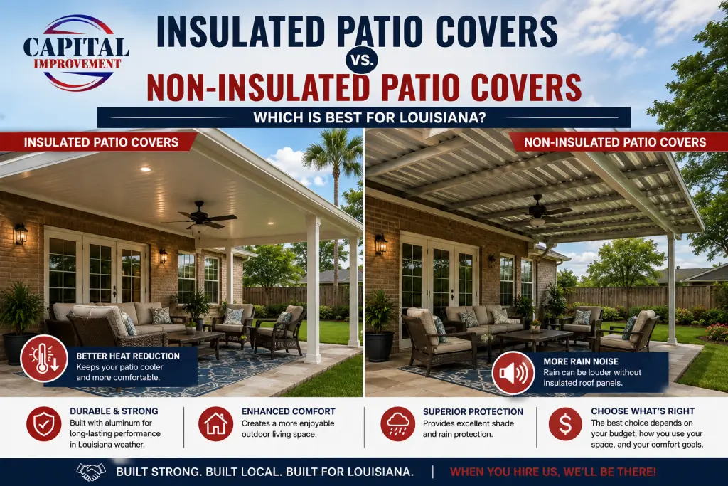 Side-by-side comparison of insulated and non-insulated aluminum patio covers on Louisiana homes, highlighting differences in heat reduction, comfort, rain noise, and outdoor living performance.
