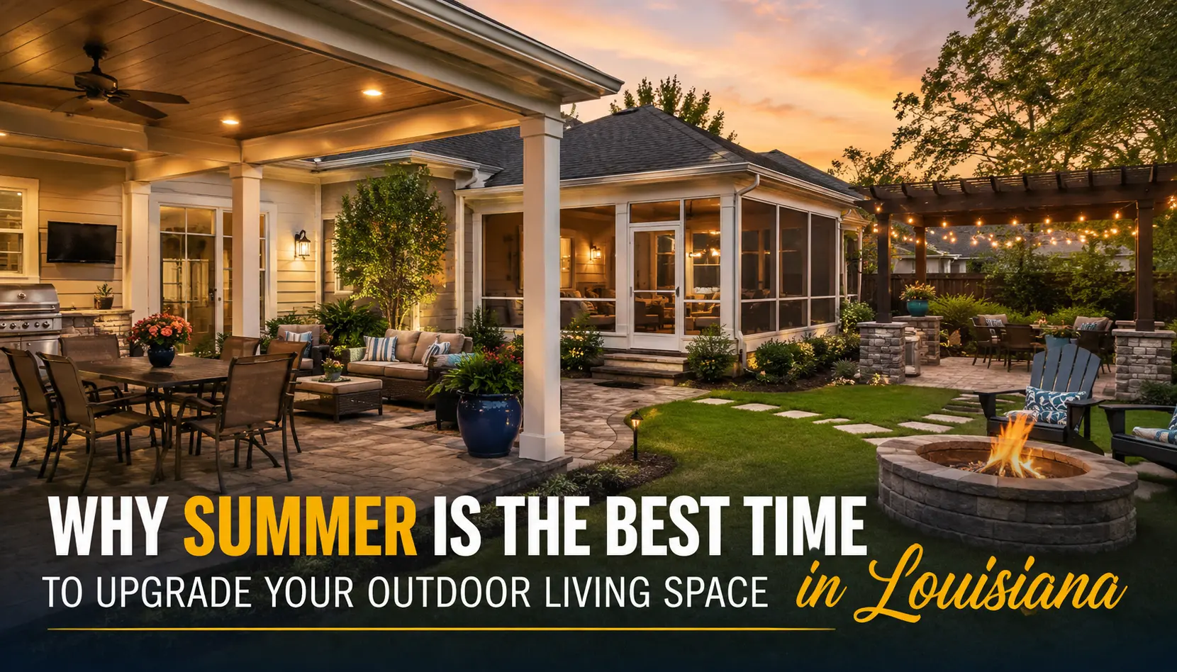 Backyard patio at dusk with seating, a stone fire pit, potted plants, and string lights; promotional image about upgrading outdoor living in Louisiana.