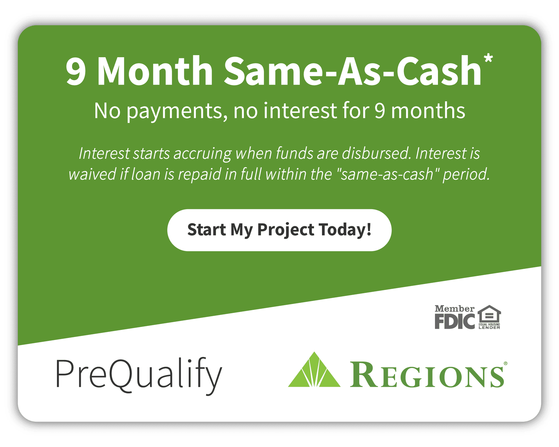 Graphic promoting Capital Improvement’s 9-month same-as-cash loan option, highlighting no payments or interest for nine
