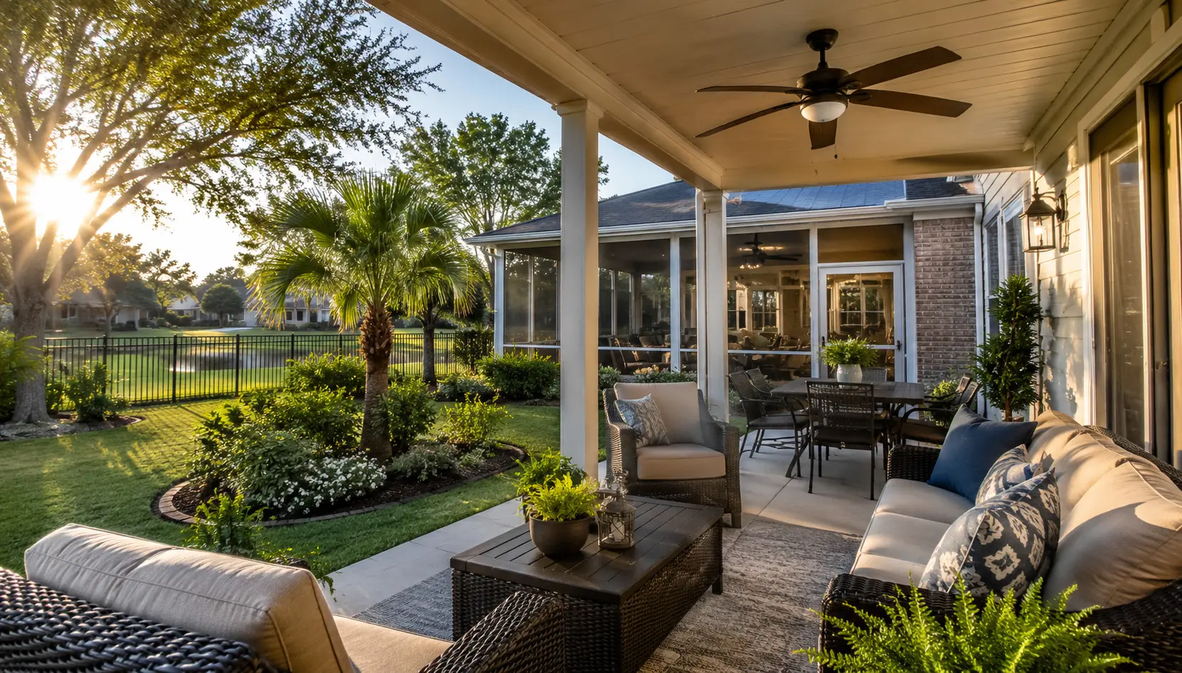 Sunlit covered backyard patio with wicker seating, a coffee table, and ceiling fans overlooking a green lawn and garden.
