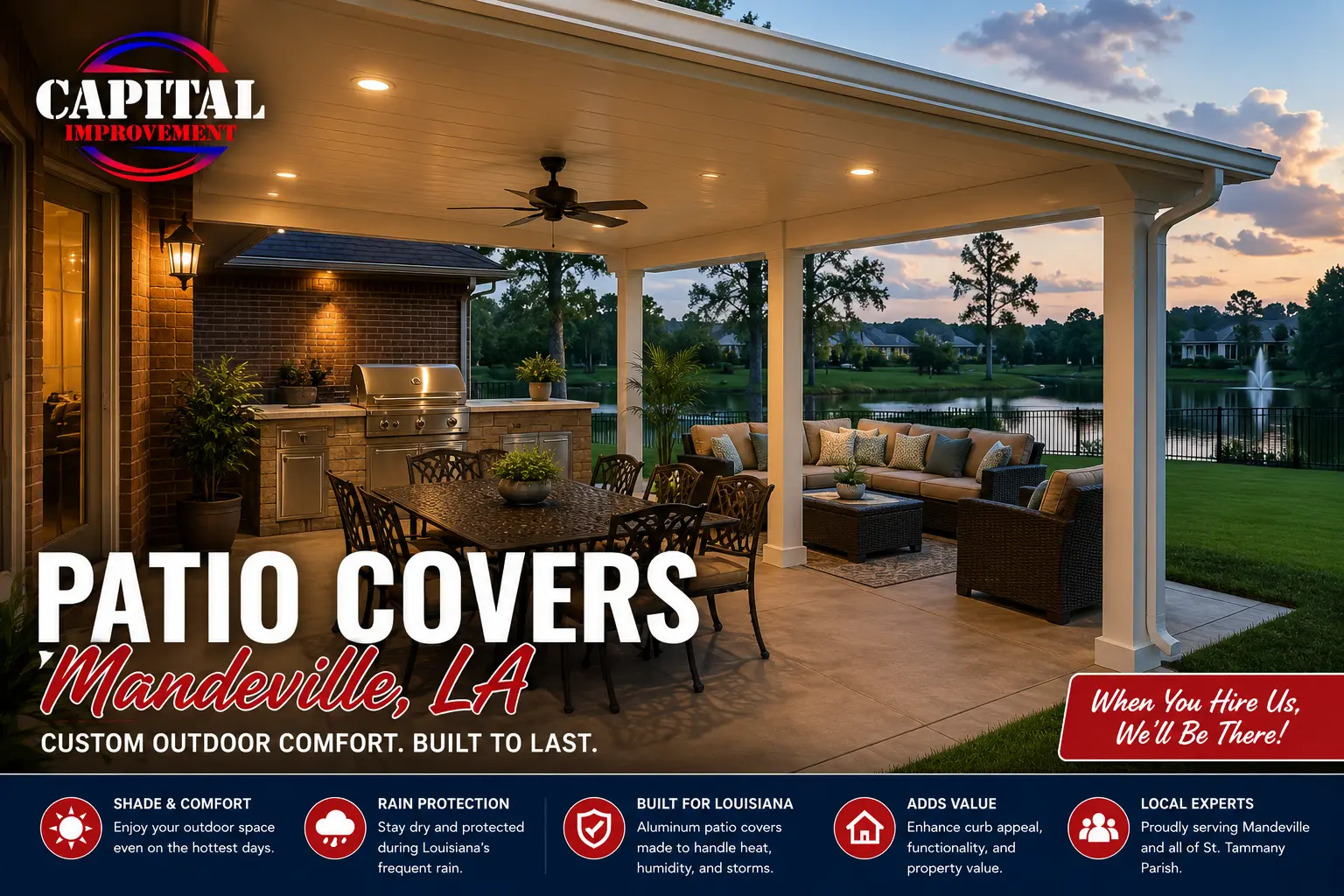 Custom aluminum patio cover on a Mandeville Louisiana home with outdoor dining, seating, ceiling fan, lighting, and outdoor kitchen designed for shade, comfort, and rain protection.