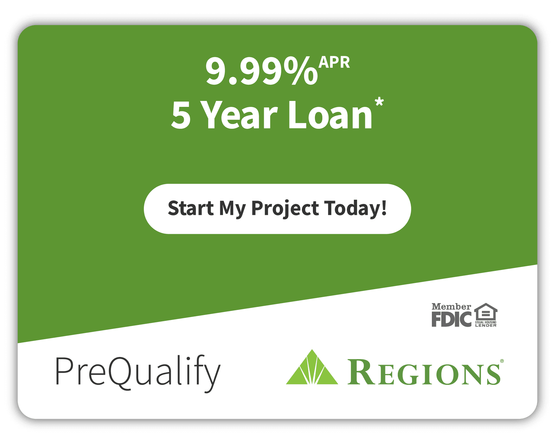Image promoting a 9.99% APR 5-year loan from Capital Improvement, facilitated by Regions Bank, offering