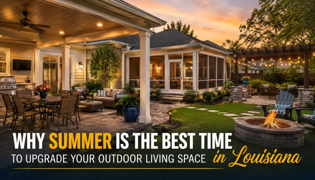 Backyard patio at dusk with seating, a stone fire pit, potted plants, and string lights; promotional image about upgrading outdoor living in Louisiana.
