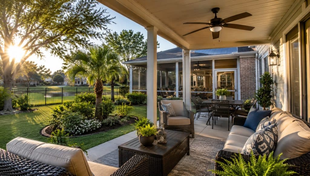 Sunlit covered backyard patio with wicker seating, a coffee table, and ceiling fans overlooking a green lawn and garden.