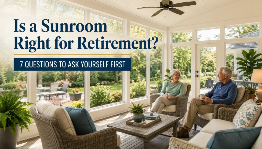 A bright, inviting sunroom addition with a couple relaxing in comfortable chairs, illustrating a potential